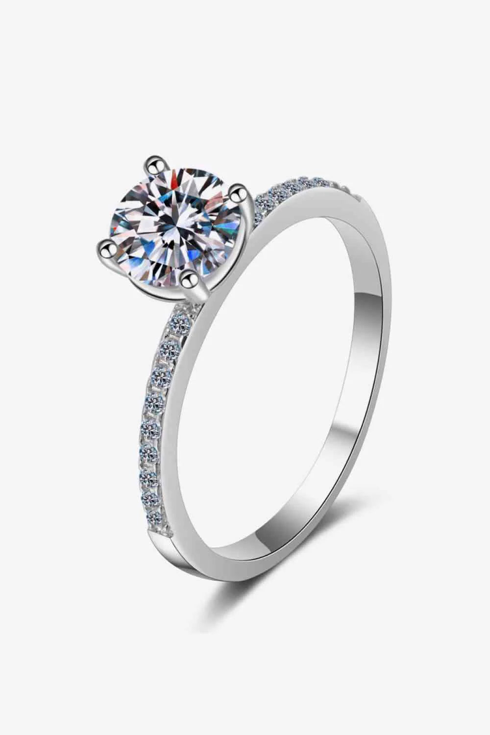 Stunning 1 Carat Moissanite Ring with Elegant Side Stones in Rhodium-Plated Silver Setting